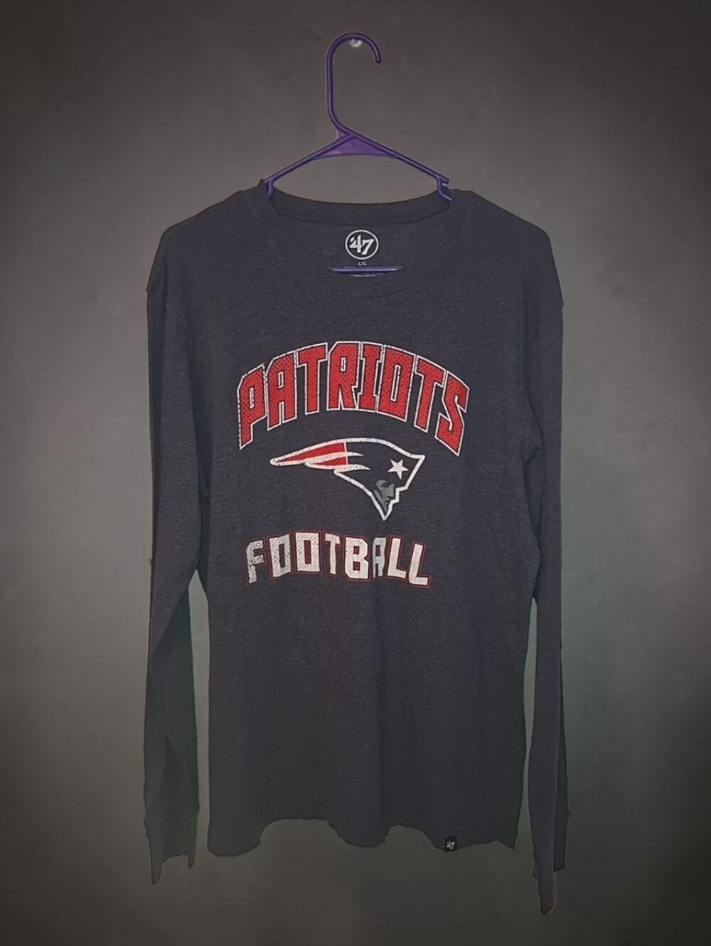 47 Mens Navy Long Sleeve Patriots Football Tee with Red & White Logo